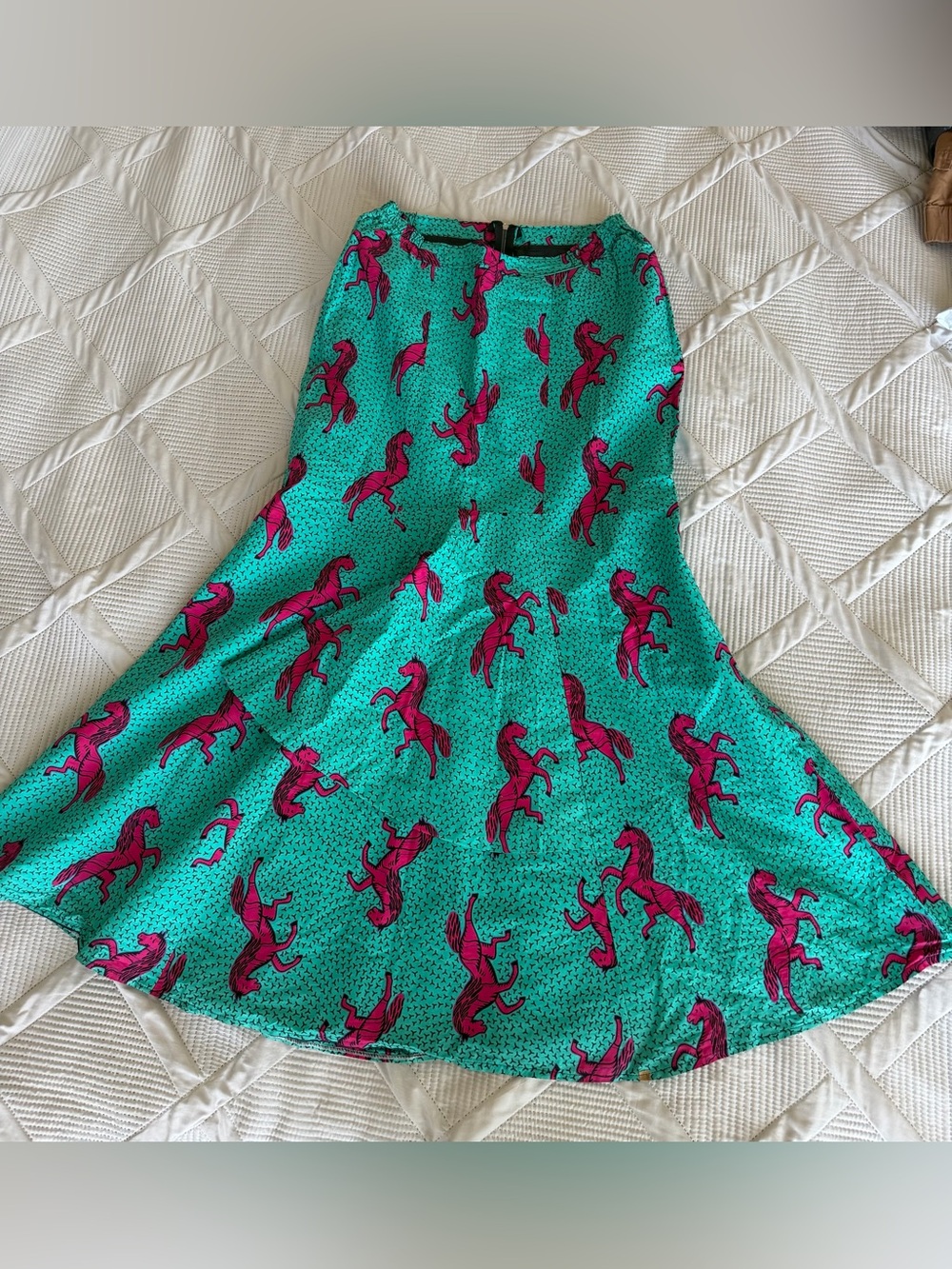 Bright Jade/Teal Blue with Vibrant Pink horses Floor Skimming Silhouette Skirt
